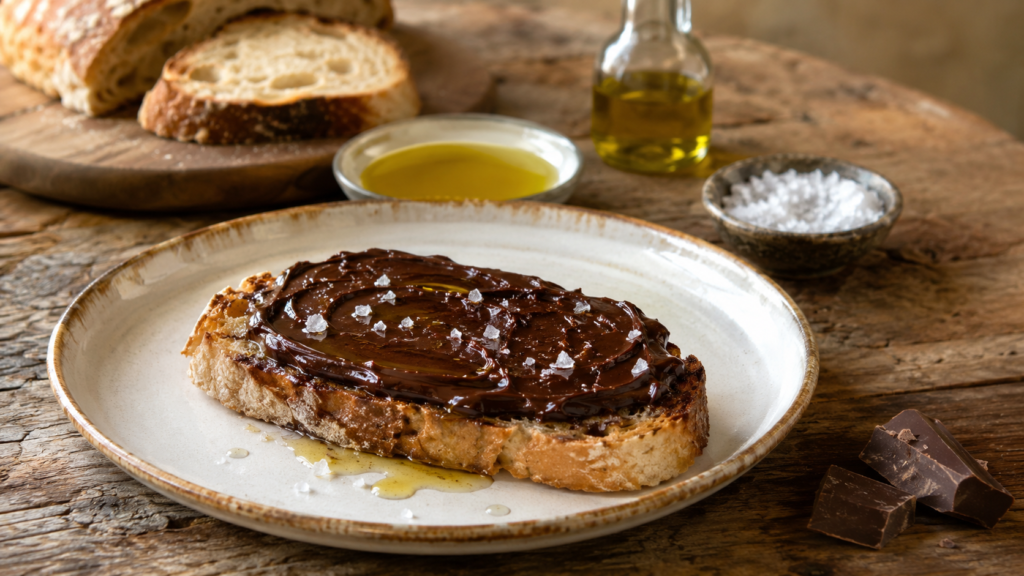 Pan con chocolate, aceite y sal
