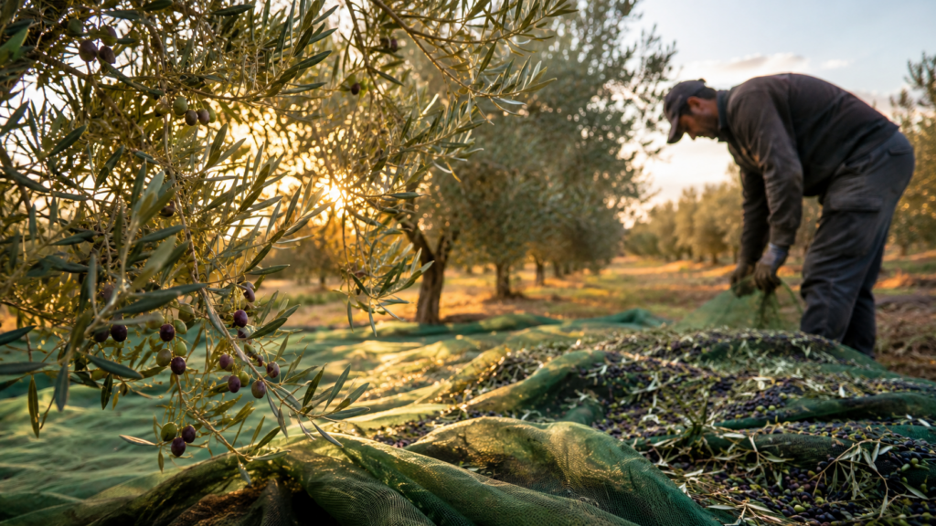 Agricultores trabajando en un olivar tradicional andaluz durante la campaña de recolección de aceitunas para producir aceite de oliva virgen extra.