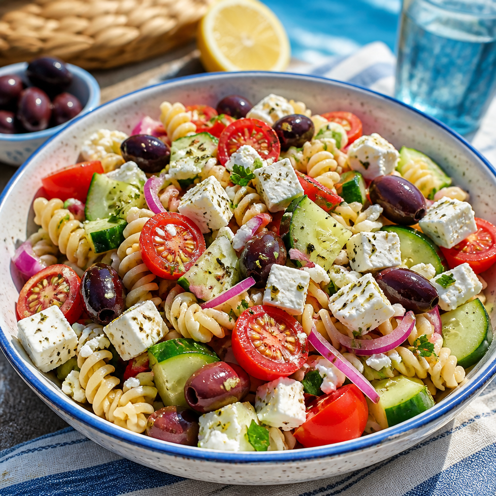 Ensalada griega con pasta, tomate, pepino y aceitunas.