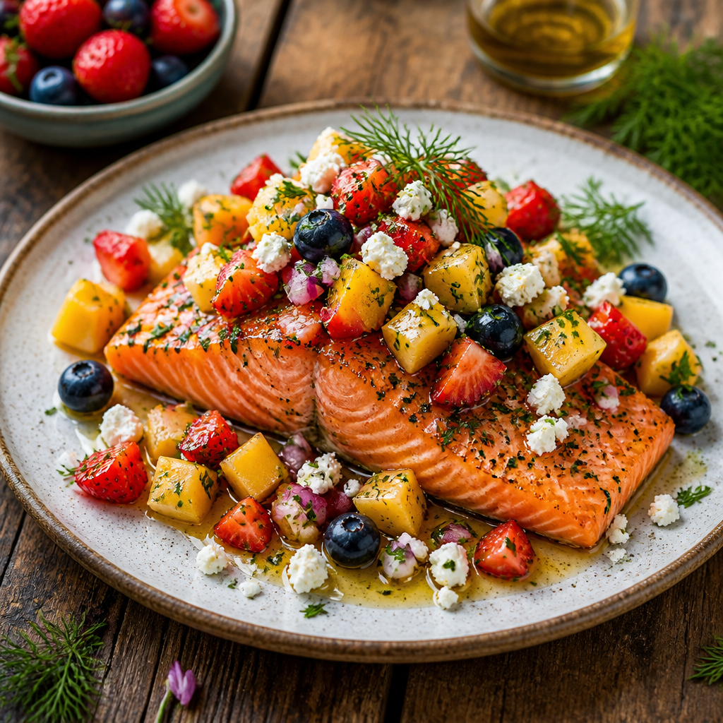 Plato de salmón marinado con vinagreta de frutas y queso fresco