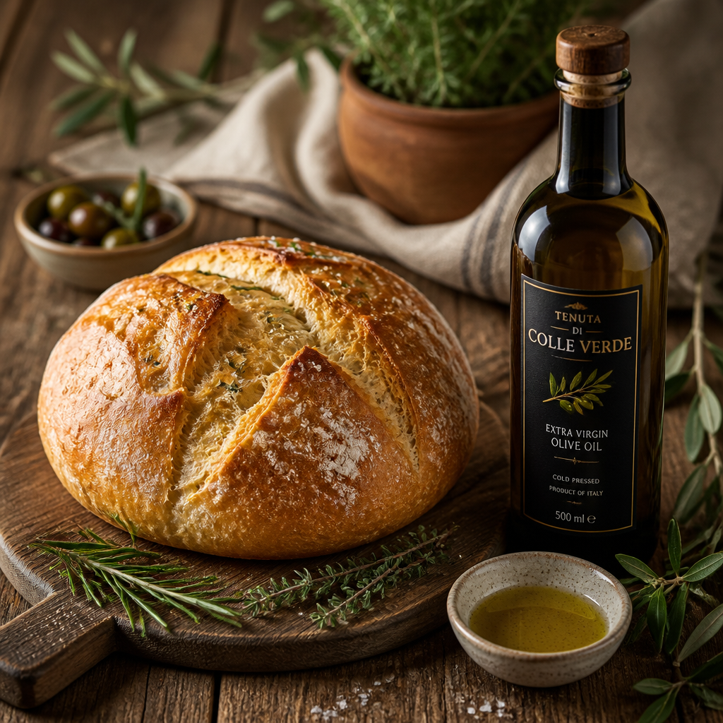 Delicioso pan casero con aceite de oliva recién horneado