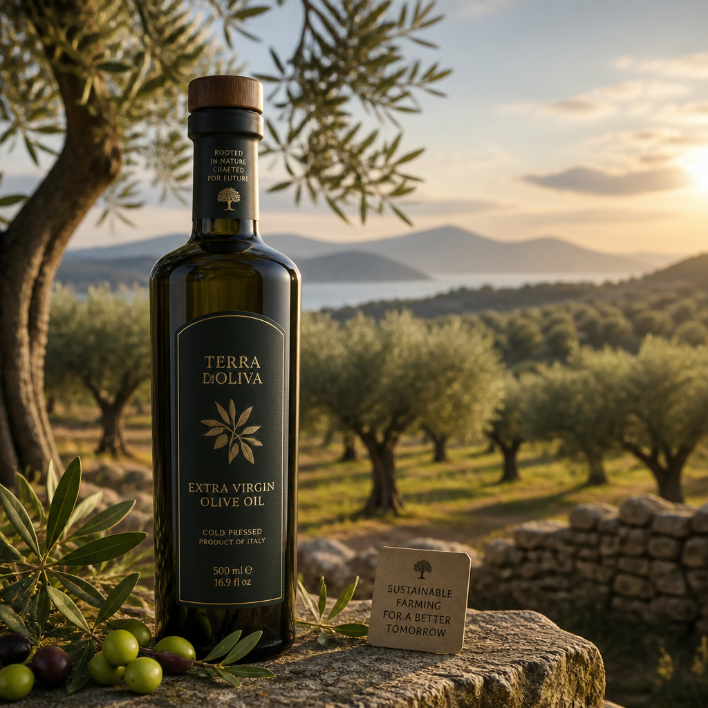 Botella de aceite de oliva virgen extra premium en un campo de olivos