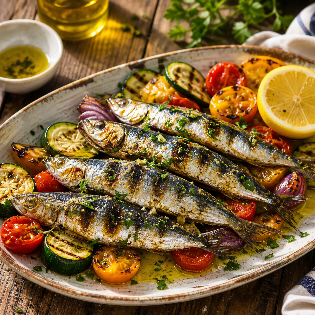 Sardinas a la moruna preparadas con aceite de oliva y verduras frescas