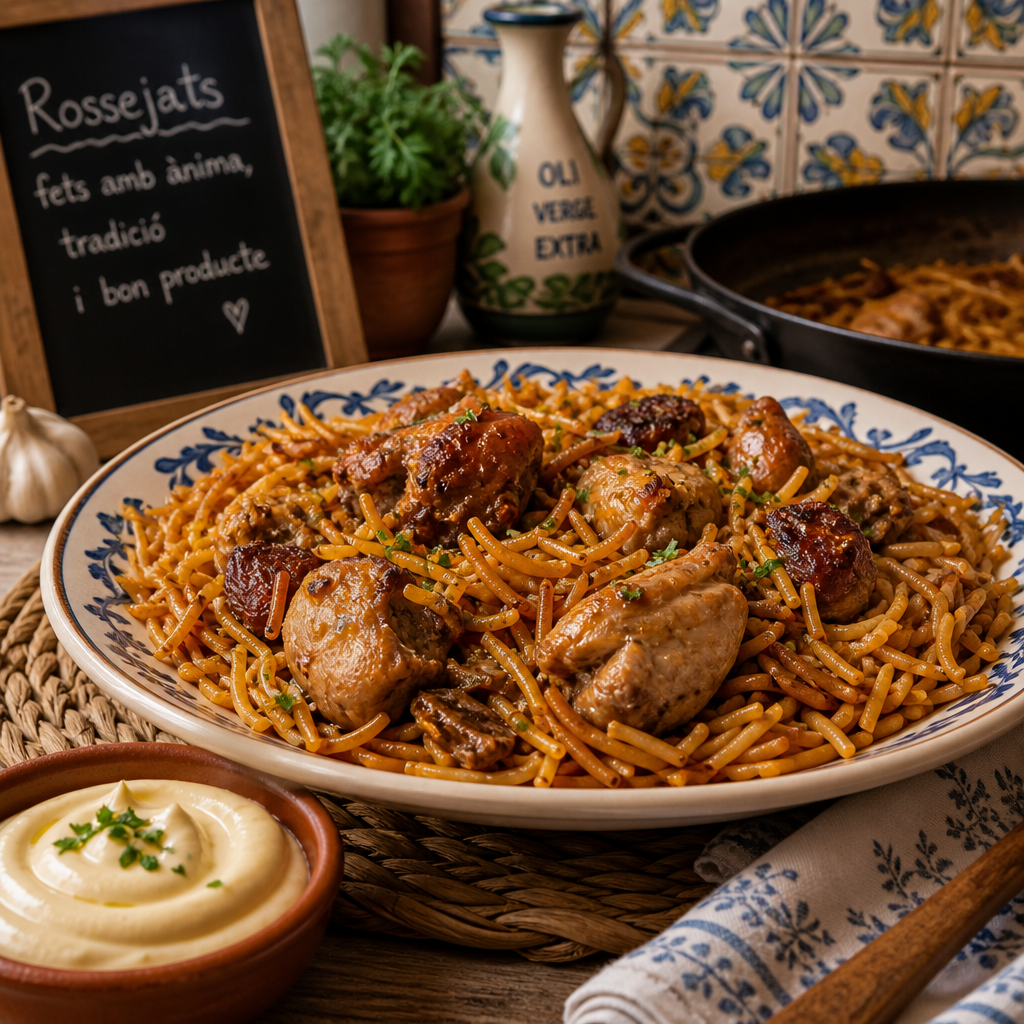 Fideos 'rossejats' con carne servidos en un plato con cucharón de all i oli al lado.