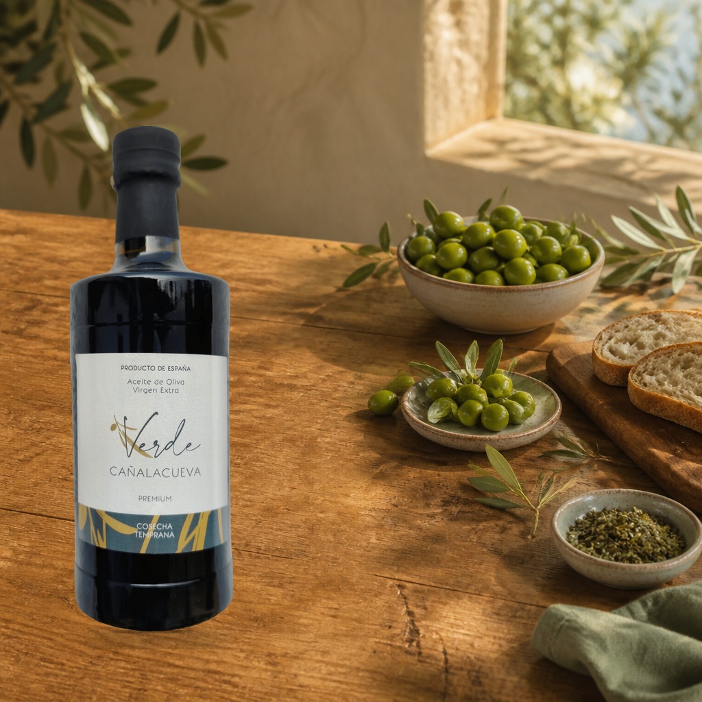 Botella de aceite de oliva premium Verde Cañalacueva