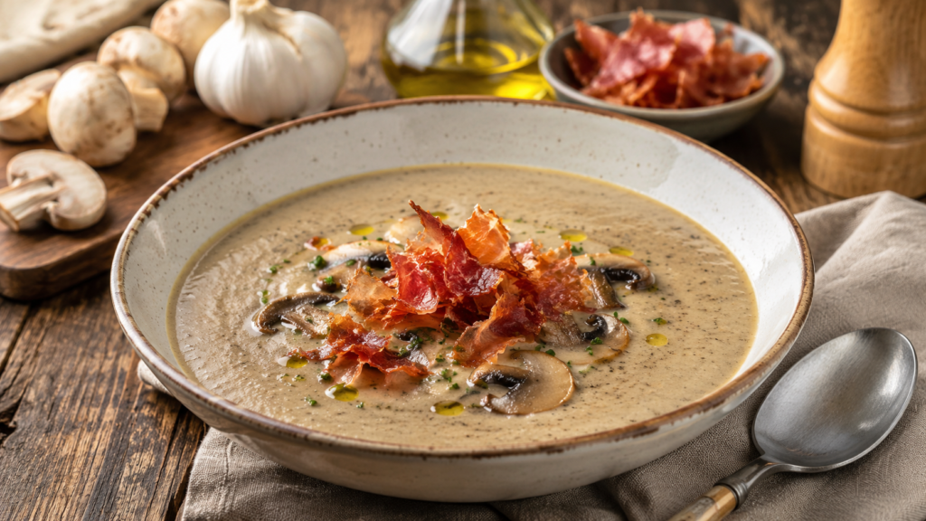 Crema de Champiñones con Virutas Crujientes de Jamón