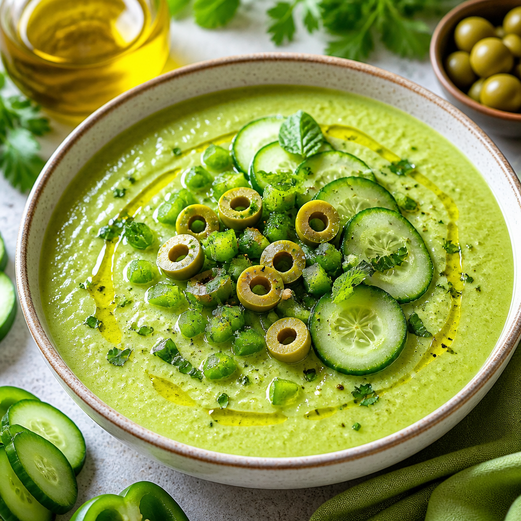 Sopa fría de gilda servida en un cuenco con ingredientes frescos