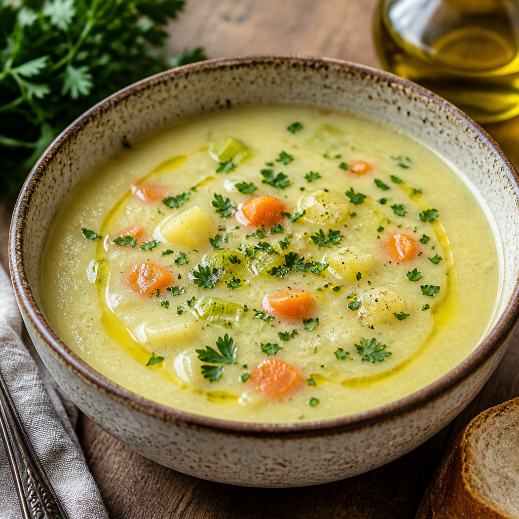 Deliciosa crema de patatas, puerros y zanahorias en un tazón con aceite de oliva virgen extra.